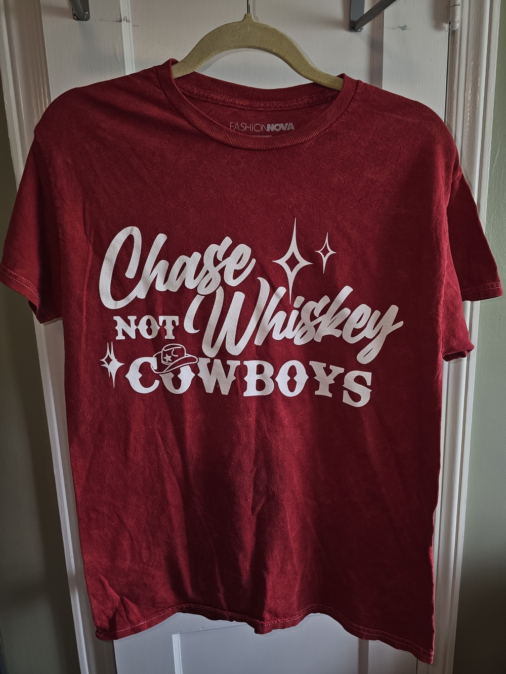 Fashion Nova Red Graphic Tee "Chase Not Whiskey Cowboys"